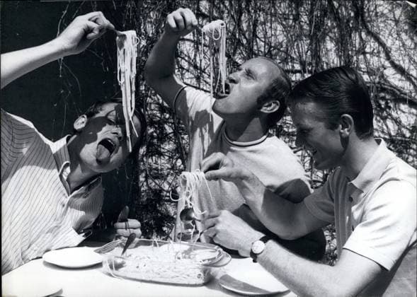 Apr. 04, 1968 - They are training for the European-Cup-match in Milano, the soccer players of the club FC Bayern München. Not only do they complete their ball-conrole but also prepare for the Italian mentality. Perhaps they hope that the Spaghettis can influence their luck in Italy on May 1st. The return match will be decided in Munich. The winner of these to matches must play against the winner of the match Hamburger Sportverein Cardiff City in Cardiff. Photo shows the Bayern-footballers Keeper Sepp Maier, Dieter Brenninger and Werner Olk (f.l.t.r.). Perhaps they are in Cardiff next.  - ZUMAk09