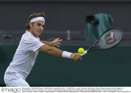 26.06.2014. London, England. Wimbledon Tennis Championships Roger Federer of Switzerland in action during day four men s singles second round match at the Wimbledon Tennis Championships at The All England Lawn Tennis Club in London, United Kingdom xNigelxWaldronx  ActionPlus11536984