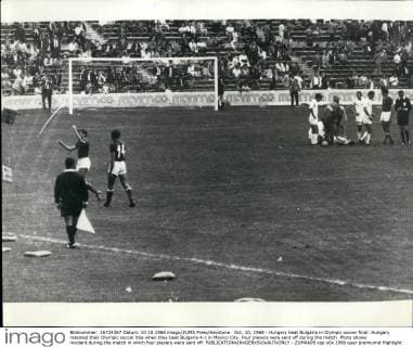 Oct. 10, 1968 - Hungary beat Bulgaria in Olympic soccer final: Hungary retained their Olympic soccer title when they beat Bulgaria 4-1 in Mexico City. Four players were sent off during the match. Photo shows incident during the match in which four players were sent off.  - ZUMAk09