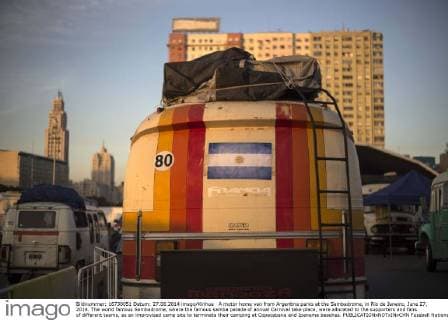 A motor home van from Argentina parks at the Sambadrome, in Rio de Janeiro, June 27, 2014. The world famous Sambadrome, where the famous samba parade of annual Carnival take place, were allocated to the supporters and fans of different teams, as an improvised camp site to terminate their camping at Copacabana and Ipanema beaches. 