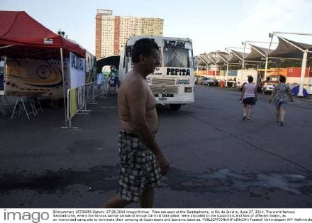 Fans are seen at the Sambadrome, in Rio de Janeiro, June 27, 2014. The world famous Sambadrome, where the famous samba parade of annual Carnival take place, were allocated to the supporters and fans of different teams, as an improvised camp site to terminate their camping at Copacabana and Ipanema beaches. 