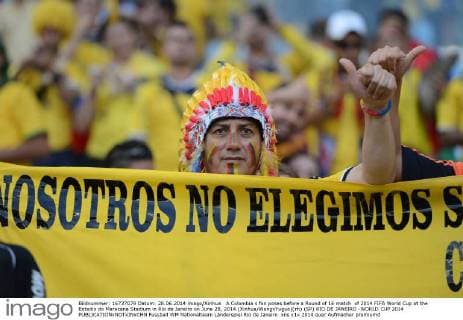 A Colombia s fan poses before a Round of 16 match of 2014 FIFA World Cup at the Estadio do Maracana Stadium in Rio de Janeiro on June 28, 2014.(Xinhua WangxYuguo)(rh) (SP) RIO DE JANEIRO -WORLD CUP 2014 