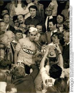 Jul. 19, 1971 - Cyclist Eddy Merckx, a three time winner of the Tour de France, is greeted by his wife upon arrival to the Municipal Velodrome of Vincennes.  - ZUMAk09