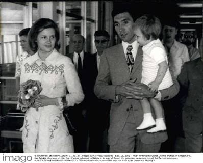 Sep. 11, 1971 - After winning the World Championships in Switzerland, the Belgian champion cyclist Eddy Merckx returned to Belgium, by way of Rome. His daughter welcomed him at the Zaventhen airport.  - ZUMAk09