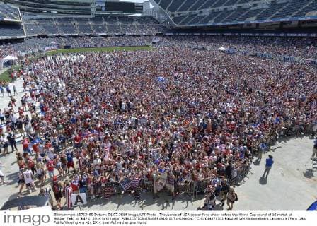 Thousands of USA soccer fans cheer before the World Cup round of 16 match at Soldier Field on July 1, 2014 in Chicago.  CHI2014070101