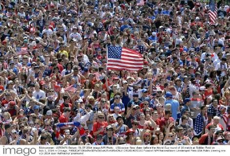 USA soccer fans cheer before the World Cup round of 16 match at Soldier Field on July 1, 2014 in Chicago.  CHI2014070102