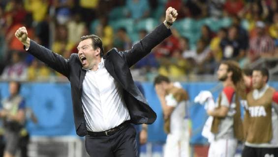 (140701) -- SALVADOR, July 1, 2014 (Xinhua) -- Belgium s coach Marc Wilmots celebrates the victory after a Round of 16 match between Belgium and the U.S. of 2014 FIFA World Cup at the Arena Fonte Nova Stadium in Salvador, Brazil, on July 1, 2014. Belgium won 2-1 over the U.S. after 120 minutes and qualified for quarter-finals on Tuesday. (Xinhua Lui Siu Wai)(pcy) (EDITOR CHOICE)(SP)BRAZIL-SALVADOR-WORLD CUP 2014-ROUND OF 16-BELGIUM VS US 