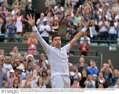 Milos Raonic celebrates winning match point on Court 1 