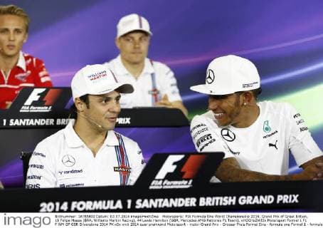 Motorsports: FIA Formula One World Championship 2014, Grand Prix of Great Britain, 19 Felipe Massa (BRA, Williams Martini Racing), 44 Lewis Hamilton (GBR, Mercedes AMG Petronas F1 Team), xHOCHxZWEIx