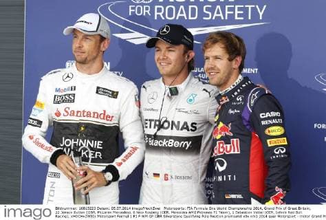 Motorsports: FIA Formula One World Championship 2014, Grand Prix of Great Britain, 22 Jenson Button (GBR, McLaren Mercedes), 6 Nico Rosberg (GER, Mercedes AMG Petronas F1 Team), 1 Sebastian Vettel (GER, Infiniti Red Bull Racing), xHOCHxZWEIx