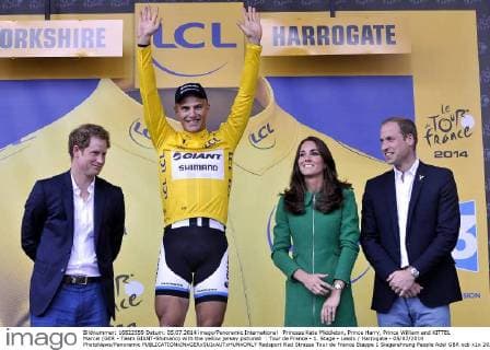 Princess Kate Middleton, Prince Harry, Prince William and KITTEL Marcel (GER - Team GIANT-Shimano) with the yellow jersey pictured : Tour de France - 1. Stage - Leeds Harrogate - 05 07 2014 PhotoNews Panoramic 