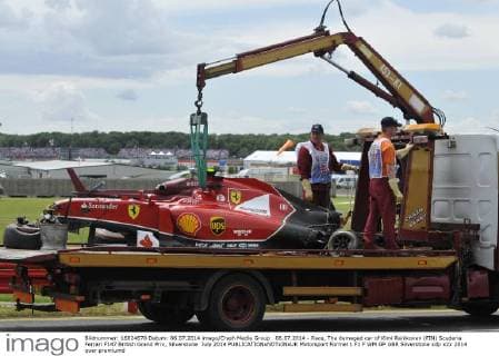 06.07.2014 - Race, The damaged car of Kimi Raikkonen (FIN) Scuderia Ferrari F147 British Grand Prix, Silverstone July 2014 