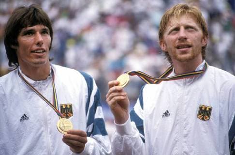 BECKER Boris und STICH Michael Doppel Team GER Olympiasieger Olympischen Sommerspiele 1992 in Barcelona in Spanien Tennis Finale Doppel der Maenner am 17. August 1992 in Barcelona 