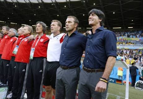 LÖW Joachim Bundestrainer Team Deutschland mit Co Trainer Hansi Flick und Torwart Trainer Andreas KÖPKE mit MUELLER WOHLFAHRT FIFA Fussball Weltmeisterschaften 2014 in Brasilien Halbfinale Brasilien-Deutschland 1 : 7 am 08.Juli 2014 in Belo Horizonte 