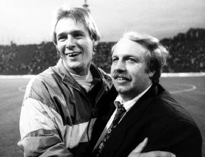 Trainer Jürgen Gelsdorf (li.) und Manager Rainer Calmund (beide Bayer Leverkusen)