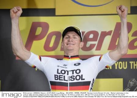 20140710 - REIMS, FRANCE: German Andre Greipel of Lotto - Belisol celebrates on the podium after winning stage 6 of the 101st edition of the Tour de France cycling race, 194 km from Arras to Reims, on Thursday 10 July 2014. DAVIDxSTOCKMAN  premiumd 2861
