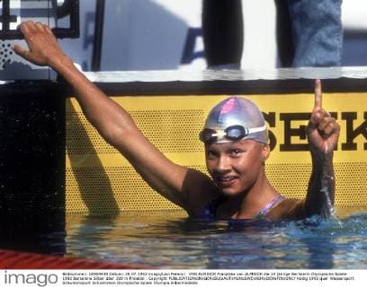 VAN ALMSICK Franziska van ALMSICK die 14 jährige Berlinerin Olympische Spiele 1992 Barcelona Silber über 200 m Freistiel . Copyright 