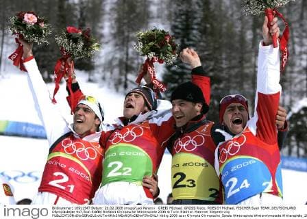GREIS MIchael, GROSS Ricco, ROESCH Michael, FISCHER Sven TEAM_DEUTSCHLAND Olympiasieger 4x7,5km Staffel Biathlon Olympische Winterspiele 2006 in Turin Biathlon Maenner Siegeehrung 