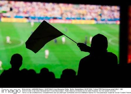 Berlin, Deutschland, 13.07.2014: Fußball FIFA Weltmeisterschaft 2014 - WM Wohnzimmer in der Alten Försterei beim Finale Deutschland . Public Viewing im Stadion an der Alten Försterei: Ein Fan wedelt mit einer Fahne vor der Großleinwand Grossleinwand