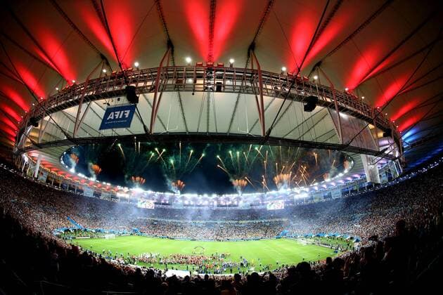 Fireworks are launched after the final match of 2014 FIFA World Cup at the Estadio do Maracana Stadium in Rio de Janeiro, on July 13, 2014. 