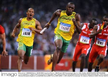 BOLT Usain JAM Olympiasieger über 4 x 100m Staffel LEICHTATHLETIK WETTBEWERBE im Olympiastadion in Peking 2008 Olympische Sommerspiele 2008 in Peking 