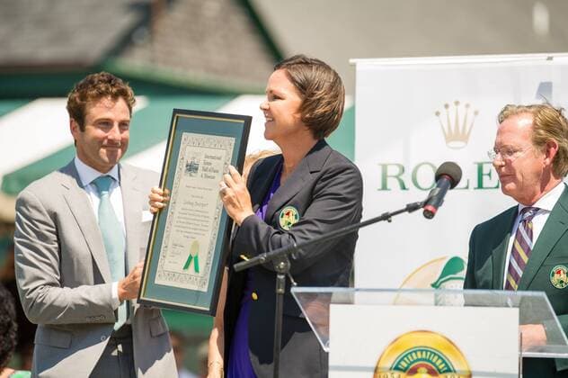 July 12, 2014: Former world No.1, 6-time Grand Slam tournament champion in singles and doubles Lindsay Davenport is given her plaque during the Hall of Fame Tennis Class of 2014 Enshrinement Ceremony, at International Tennis Hall of Fame & Museum in Newport, RI. TENNIS: JUL 12 Hall of Fame Tennis Class of 2014 Enshrinement Ceremony Icon140712053 EDITORIAL USE ONLY