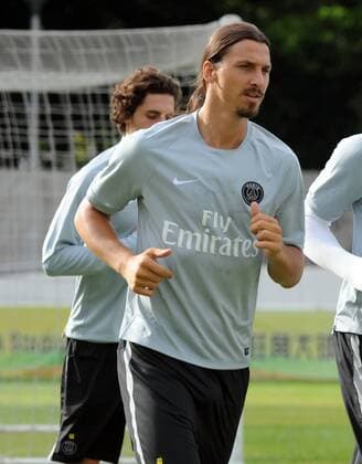 Zlatan Ibrahimovic of Paris Saint-Germain and his teammates practice during a training session before a friendly match against local football team Kitchee in Hong Kong, China, 26 July 2014. Zlatan Ibrahimovic highlights press conference for friendly match in Hong Kong  20140726_30739