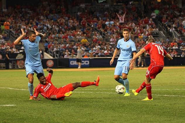 Liverpool s Jordan Henderson scoring his sides opening goal - International Champions Cup 2014 - Manchester City vs Liverpool - Yankee Stadium - New York - USA - 30th July 2014 - Picture David Klein Sportimage EDITORIAL USE ONLY. No use with unauthorised audio, video, data, fixture lists, club league logos or live services. Online in-match use limited to 120 images, no video emulation. No use in betting, games or single club league player publications.