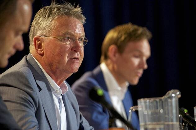 (L-R) general director Bert van Oostveen of KNVB, coach Guus Hiddink of Holland, press officer Bas Ticheler of KNVB during a press conference where Guus Hiddink is unveiled as new Netherlands manager on August 1, 2014 in Zeist, The Netherlands. Guus Hiddink unveiled as new Netherlands manager Zeist 2014 2015 xVIxxIVx 2485055