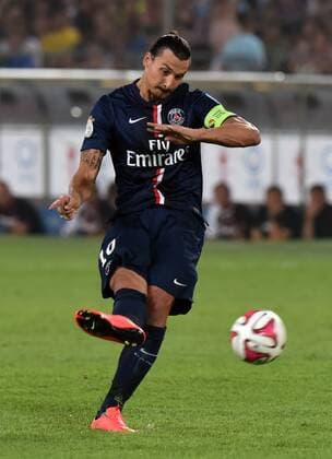 Paris Saint-Germain s Zlatan Ibrahimovic shoots during the match between Paris Saint-Germain and Guigamp in the French season-opening Champions Trophy football match in Beijing, China, on Aug. 2, 2014. ) (SP)CHINA-BEIJING-CHAMPIONS TROPHY GuoxYong 