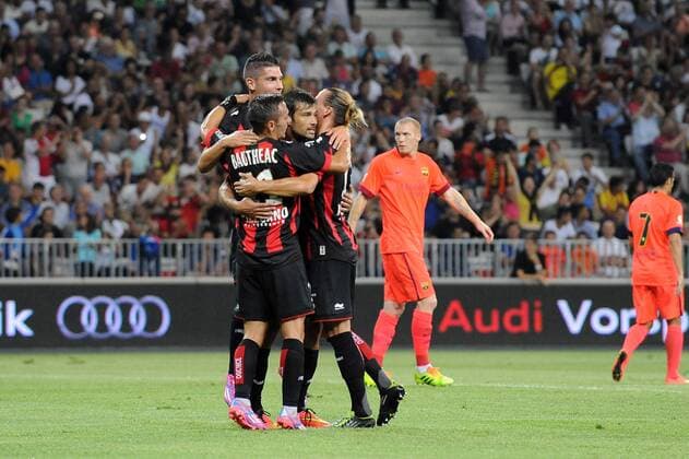 joie Dario Cvitanich apres son but - Niklas hult - Eric bautheac - Jeremy Pied (Nice) FOOTBALL : Nice vs Barcelone - Match amical - 02 08 2014 N.LeGouic FEP Panoramic 