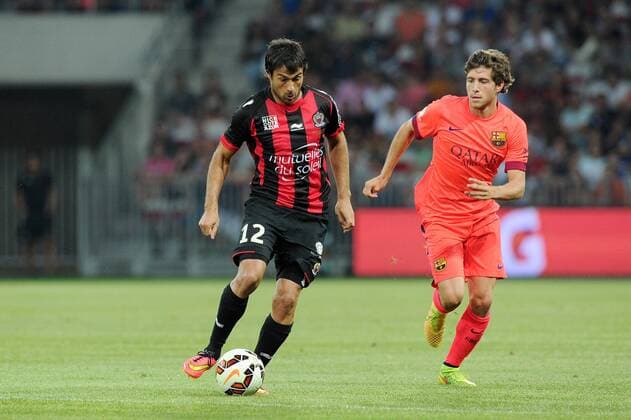 Dario Cvitanich (Nice) Sergi Roberto (Barcelone) FOOTBALL : Nice vs Barcelone - Match amical - 02 08 2014 N.LeGouic FEP Panoramic 