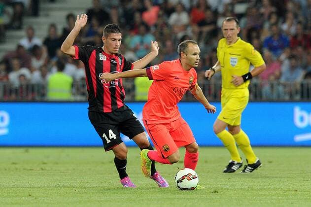 Jeremy Pied (Nice) Andres Iniesta (Barcelone) FOOTBALL : Nice vs Barcelone - Match amical - 02 08 2014 N.LeGouic FEP Panoramic 