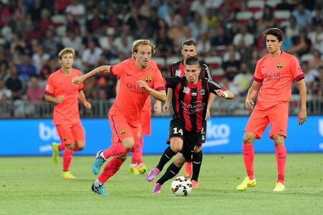 Jeremy Pied (Nice) Ivan Rakitic (Barcelone) FOOTBALL : Nice vs Barcelone - Match amical - 02 08 2014 N.LeGouic FEP Panoramic 