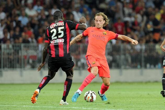 Romain Genevois (Nice) Ivan Rakitic (Barcelone) FOOTBALL : Nice vs Barcelone - Match amical - 02 08 2014 N.LeGouic FEP Panoramic 