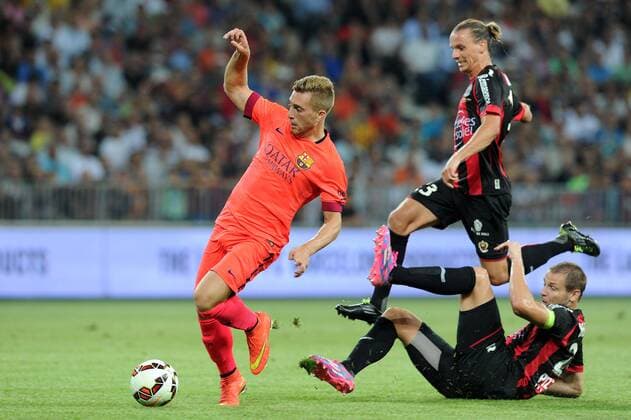 Niklas Hult - Mathieu Bodmer (Nice) Gerard Deulofeu (Barcelone) FOOTBALL : Nice vs Barcelone - Match amical - 02 08 2014 N.LeGouic FEP Panoramic 