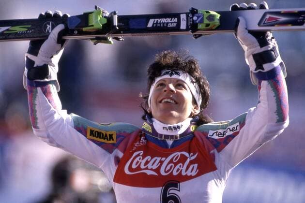 Vreni SCHNEIDER, SUI, Schweiz, Siegerin im Riesenslalom, Siegerehrung, Jubel, jubelnd, jubelt, Jubilation, Celebration, Freude, Begeisterung, hier bei der Ski WM in Saalbach-Hinterglemm, AUT, 01.02.1991,