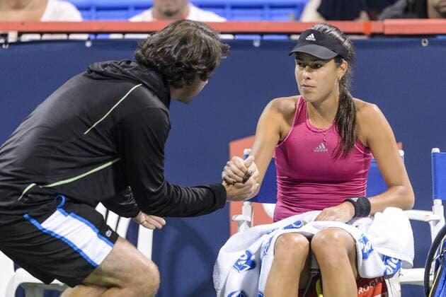 06 August 2014: Ana Ivanovic of Serbia receives encouragement from her trainer during the second round of the Rogers Cup Presented by National Bank at Uniprix Stadium in Montreal, Quebec, Canada. Icon140806053 EDITORIAL USE ONLY