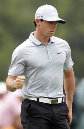 Rory McIlroy, of Northern Ireland, reacts to sinking a birdie putt on the ninth hole, his finishing hole, during the second round of the 96th PGA Golf Herren Championship at Valhalla Country Club on .August 8, 2014 in Louisville, Kentucky.  LOU2014080813