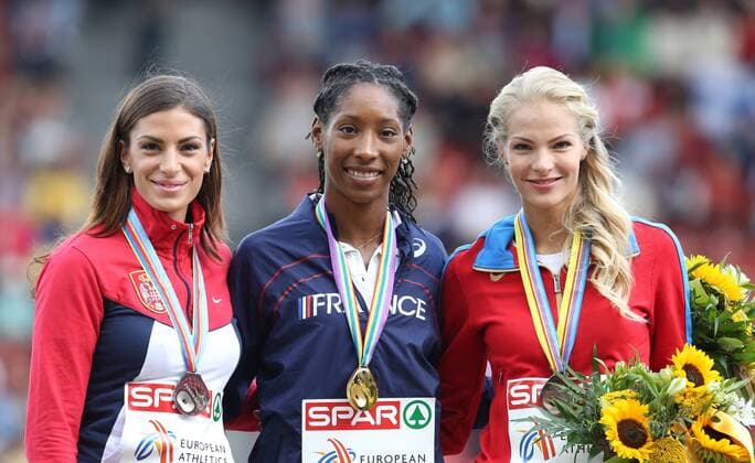 Zürich, Schweiz, Leichtathletik, Athletics, Track and Field, Leichtathletik Europameisterschaften Zürich 2014, European athletics Championships 2014 ,12.08-17.08. 2014 Letzigrund Stadion, Zürich,Ivana Spanovic, Eloyse Lesueur, , Darya Klishina, , Weitsprung Frauen, Siegerehrung