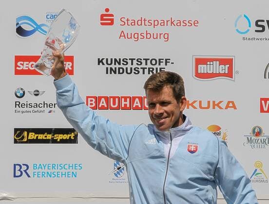 Michal Martikan (SVK), Gesamt-Weltcup-Sieger Kanadier Einer, C1, Männer, Kanu-Weltcup 2014, Siegerehrung, ICF Kanuslalom Weltcup Finale 2014, Augsburg, Gesamtsieger,