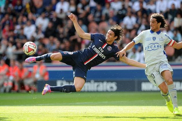 Francois Modesto (Bastia) but Edinson Cavani (PSG) FOOTBALL : PSG vs Bastia - Ligue 1 - 16 08 2014 N.LeGouic FEP Panoramic 