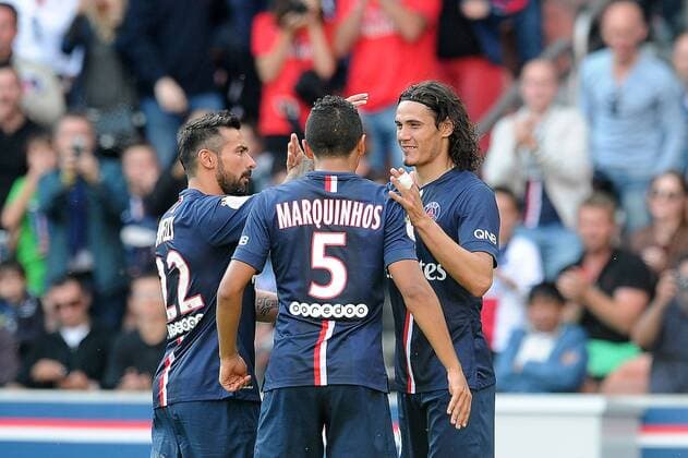 joie Edinson Cavani apres son but - Marquinhos - Ezequiel Lavezzi (PSG) FOOTBALL : PSG vs Bastia - Ligue 1 - 16 08 2014 N.LeGouic FEP Panoramic 