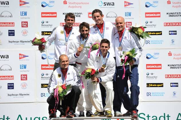 Franz Anton, Jan Benzien, GER, Siegerehrung, links, Gauthier Klauss, Matthieu Peche, FRA , mitte, David Florence, Richard Hounslow, GBR, rechts, CANOE DOUBLE (C2) MEN Kanuslalom-Weltcup-Finales, Canoe slalom worldcup final 17.08.14