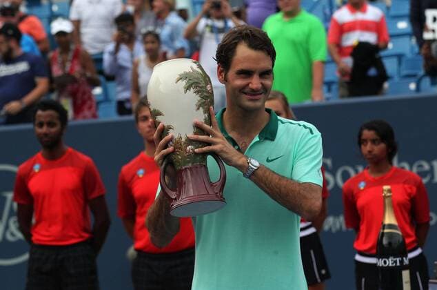 Aug. 17, 2014 - Cincinnati, Ohio, U.S - Roger Federer during his three set match on Sundauy August 17, 2014 during play in the Western and Southern open in Cincinnati, Ohio. That he won to take home the Championship Cup for the sixth time. Western & Southern Open tennis - ZUMAc19