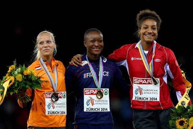 Silver medalist Nadien Broersen of the Netherlands, gold medalist Antoinette Nana Djimou of France and bronze medalist Nafissatou Thiam of Belgium stand on the podium ATHLETICS : European Championships - J6 - Zurich - 17 08 2014 PhotoNews Panoramic 