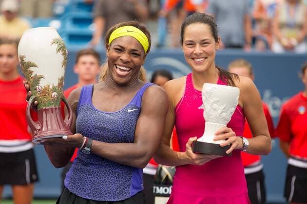 17 August 2014: Serena Williams (USA) (left) holds her trophy next to Ana Ivanovic (SRB) (right) after the championship match of The Western & Southern Open in Mason, Ohio. Williams defeated Ivanovic 6-4, 6-1. TENNIS: AUG 17 Western & Southern Open Icon140816002 EDITORIAL USE ONLY