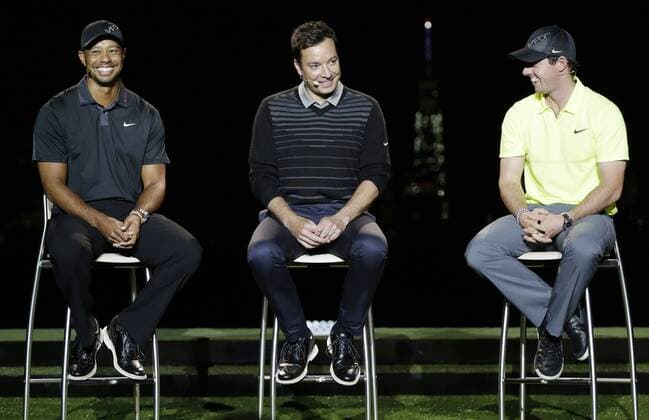 Tiger Woods, Jimmy Fallon and Rory McIlroy talk on a stage about the launch of the new Nike Vapor Iron Franchise at Liberty National Golf Club in Jersey City, NJ on August 18, 2014. The Vapor Iron Franchise consists of 3 sets of golf club irons; The Vapor Pro, Vapor Pro Combo and Vapor Speed.  NYP20140818105