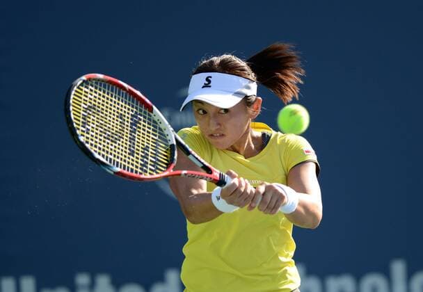 Misaki Doi (JPN) in Aktion. Connecticut Open 2014, New Haven, United States.