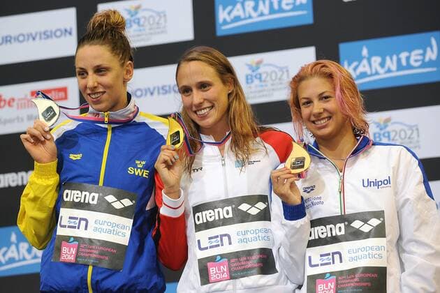 Jennie Johansson Sweden Silver Medal, Rikke Möller Pedersen Denmark Gold Medal, Arianna Castiglioni Italia Bronze Medal 100m Breaststroke Final Swimming 32nd LEN European Championships Berlin andreaxstaccioli